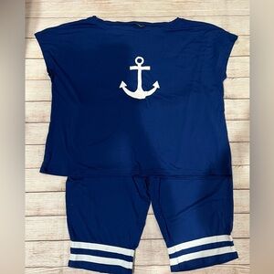Plus Size Anchor Navy Print Top With Long Stripe Shorts 4X